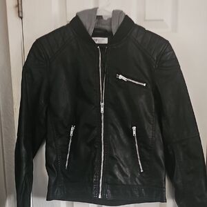 H&M Black Kids Faux Leather Jacket with Gray Hood 12/13